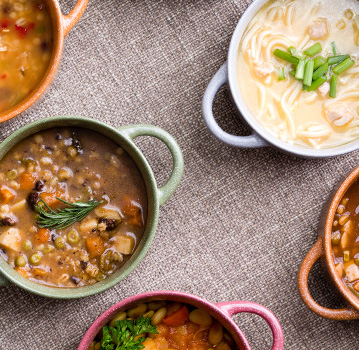 Various soups on a table